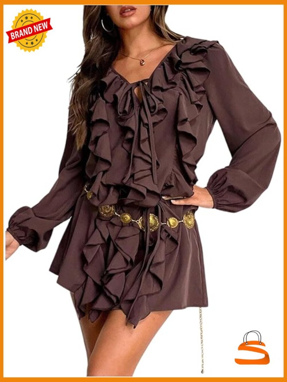 Chiffon Ruffle Mini Dress Long Sleeve V Neck Going Out Dress